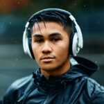 portrait of male athlete listening music on headphones in the rain and looking at camera e1681376029830
